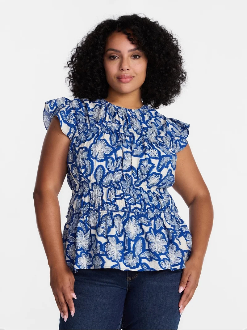 Time and Tru Women's Sleeveless Smocked Top with Ruffle Trim, Sizes XS-XXXL | Walmart (US)