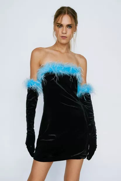 Premium 2 Piece Velvet Tailored Feather Trim Dress and Glove Set | Nasty Gal (US)