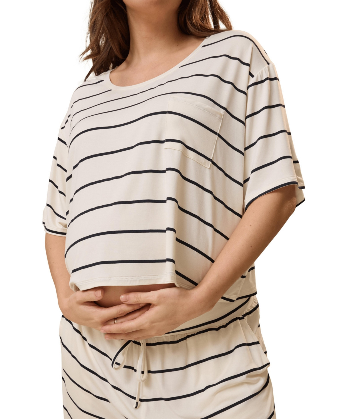 Kindred Bravely Maternity Aria Casual Short Sleeve Cropped Top Limited Edition Color - Black and white stripe | Macy's