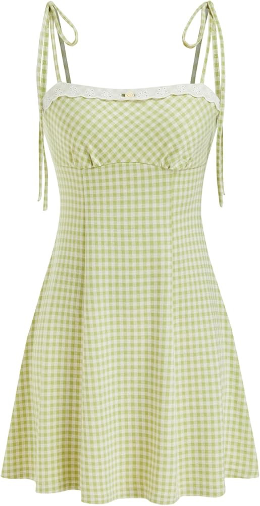 CIDER Womens Summer Gingham Dress Plaid Tie Spaghetti Strap Sleeveless Lace Trim Cute A Line Casu... | Amazon (US)