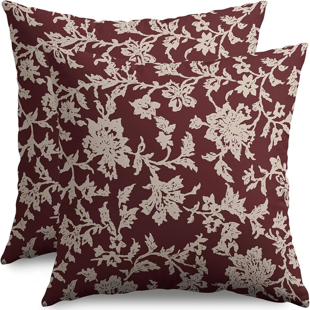 Vintage Floral Block Print Pillow Covers 18x18 Set of 2 Burgundy Brown Cream Flower Pattern Rusti... | Amazon (US)