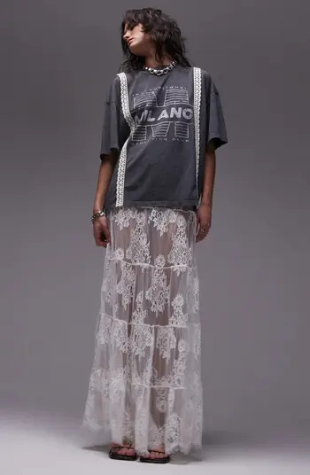 Topshop Tiered Sheer Lace Maxi Skirt in Black at Nordstrom, Size 6 Us | Nordstrom