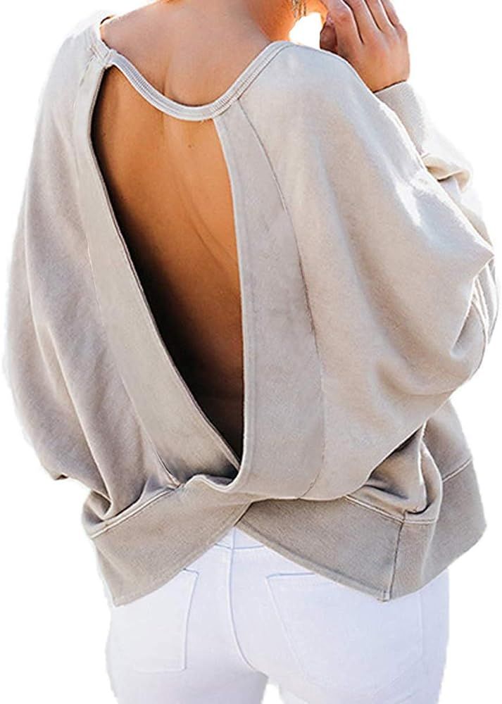 Women's Backless Loose Shirt Long Sleeve Open Back Cross Tee Top Blouse | Amazon (US)