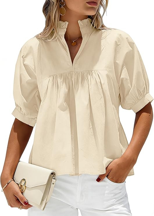 SimpleFun Puff Sleeve Blouses for Women Dressy Casual High Ruffle V Neck Babydoll Peplum Tops Sum... | Amazon (US)