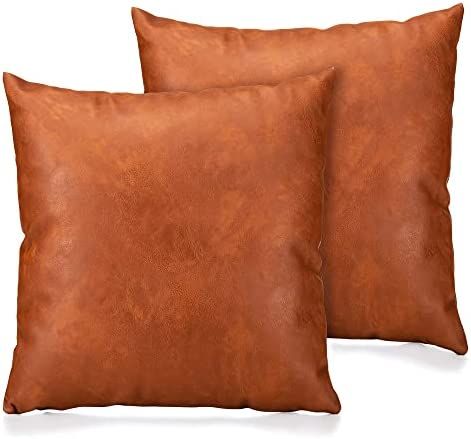 YURICO Faux Leather Throw Pillow Covers，24x24 inch Set of 2 Lumbar Queen Size Pillowcases Moder... | Amazon (US)
