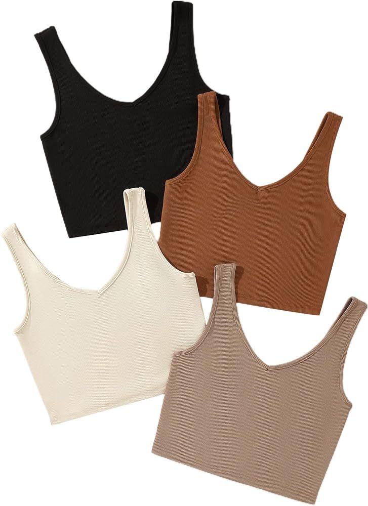 Milumia Women's 4 Pack Ribbed Knit V Neck Sleeveless Plain Fitted Crop Tank Top Set | Amazon (CA)