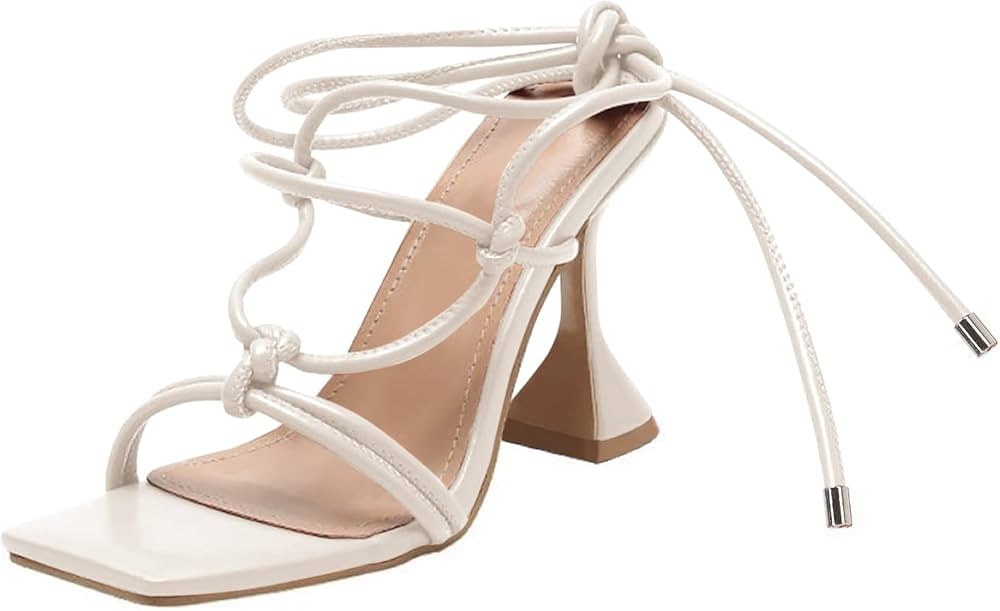 Coutgo Strappy Heels for Women, Lace Up Square Open Toe Dress Sandals, Stiletto Heeled for Summer... | Amazon (US)