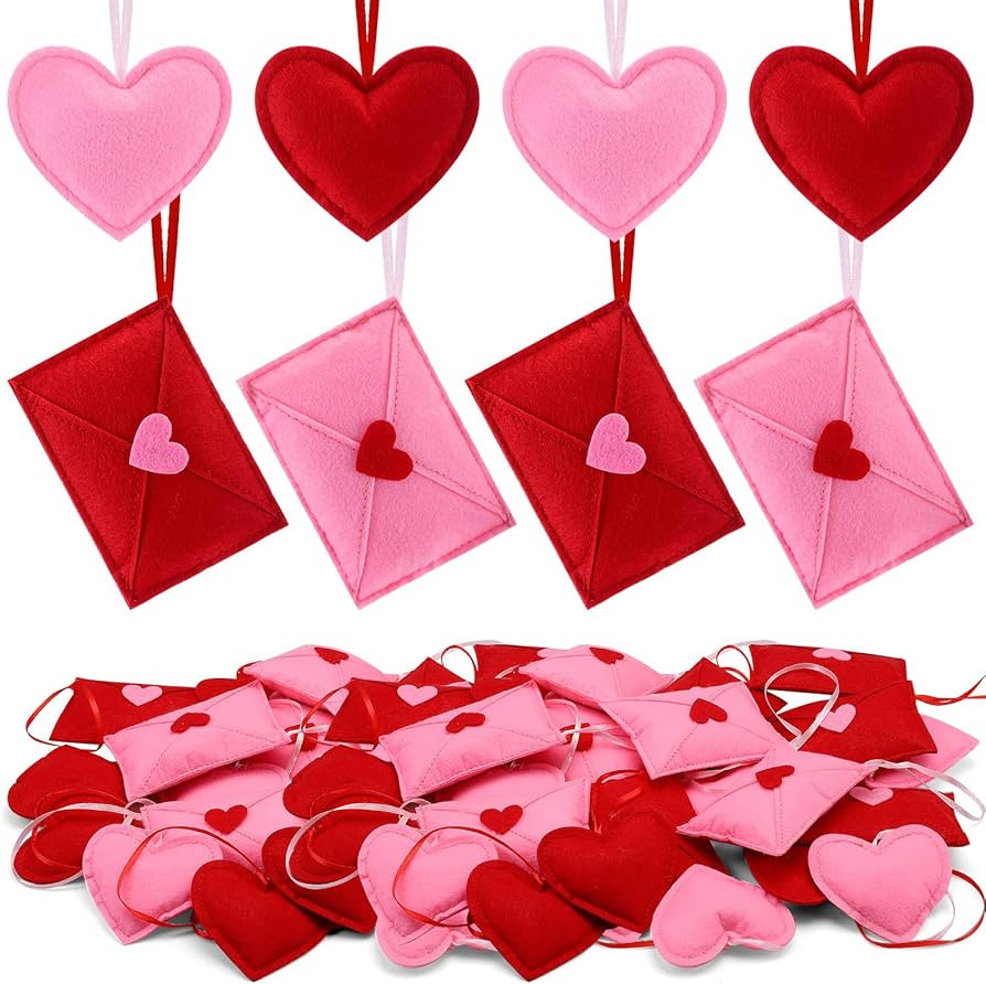 HunnmingRe 24 Pcs Valentine's Day Felt Heart and Envelope Ornaments, Red and Pink Hanging Heart S... | Amazon (US)