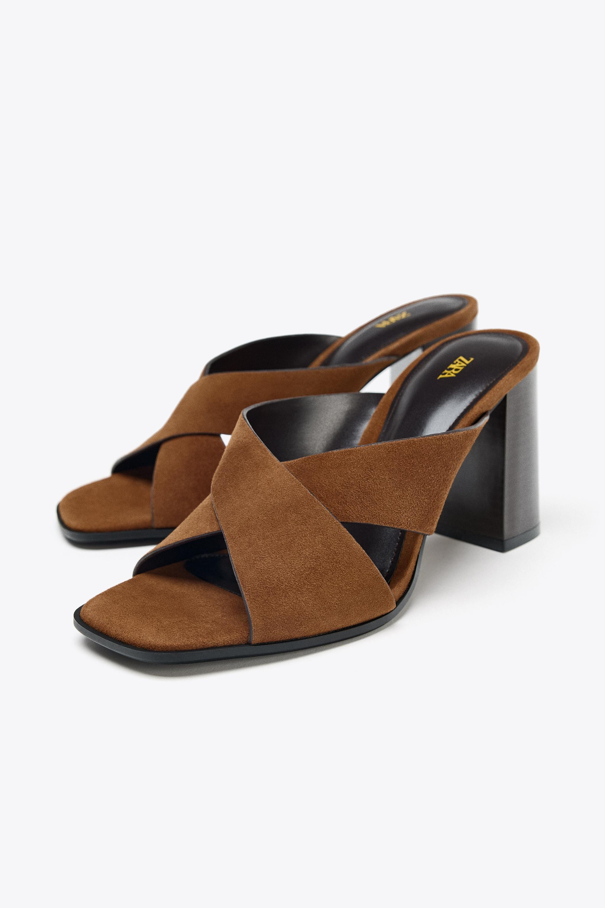 WIDE HEELED SPLIT LEATHER SANDALS | Zara US