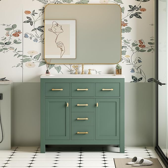 36 Inch Green Bathroon Vanity with Sink,Modern Bathroom Sink Cabinet 36" with 4 Drawers & 2 Cabin... | Amazon (US)