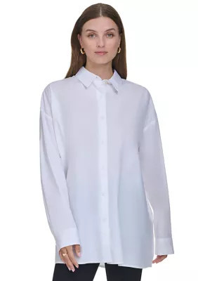 Halston Women's Oversized Classic Button Up Shirt, White, Medium | Belk