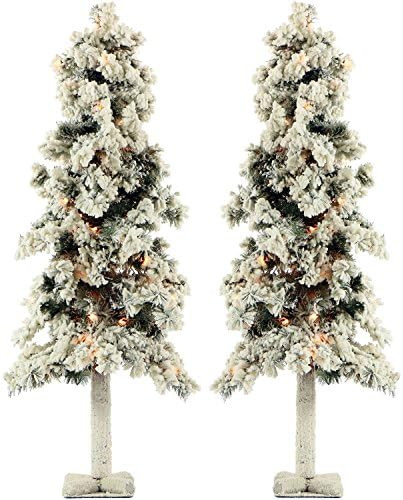 Fraser Hill Farm Set of Two 4-Ft. Snowy Christmas Trees with Clear Lights, Snow Alpine | Amazon (US)
