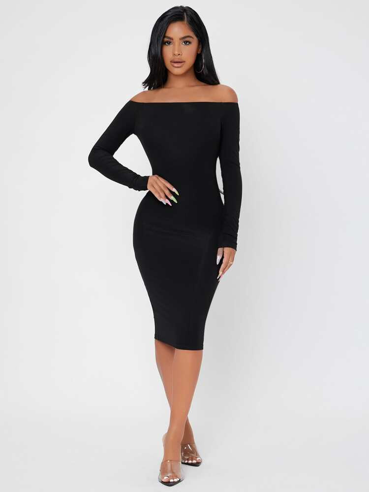 SHEIN PETITE Solid Off Shoulder Bodycon Dress | SHEIN