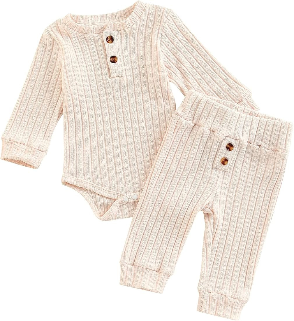 Newborn Baby Boy Girl Clothes Set Infant Ribbed Outfits Fall Winter Solid Color Romper with Elastic  | Amazon (US)