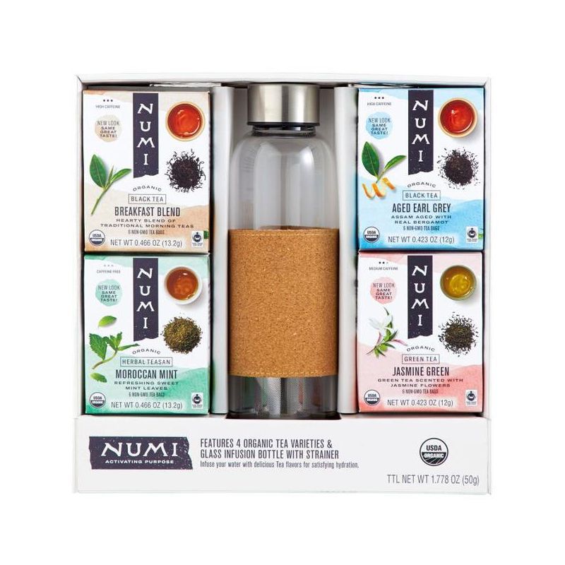 Numi Organic Tea Gift Set , Includes 16oz Glass Tea infusion Bottle with Strainer and 4 organic t... | Target