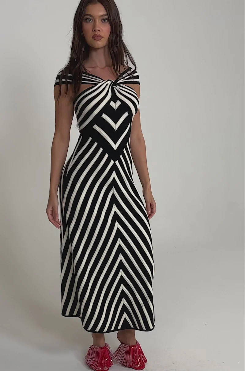 BLOCKED AND BLESS MAXI SWEATER DRESS IN BLACK AND WHITE STRIPE | AKIRA