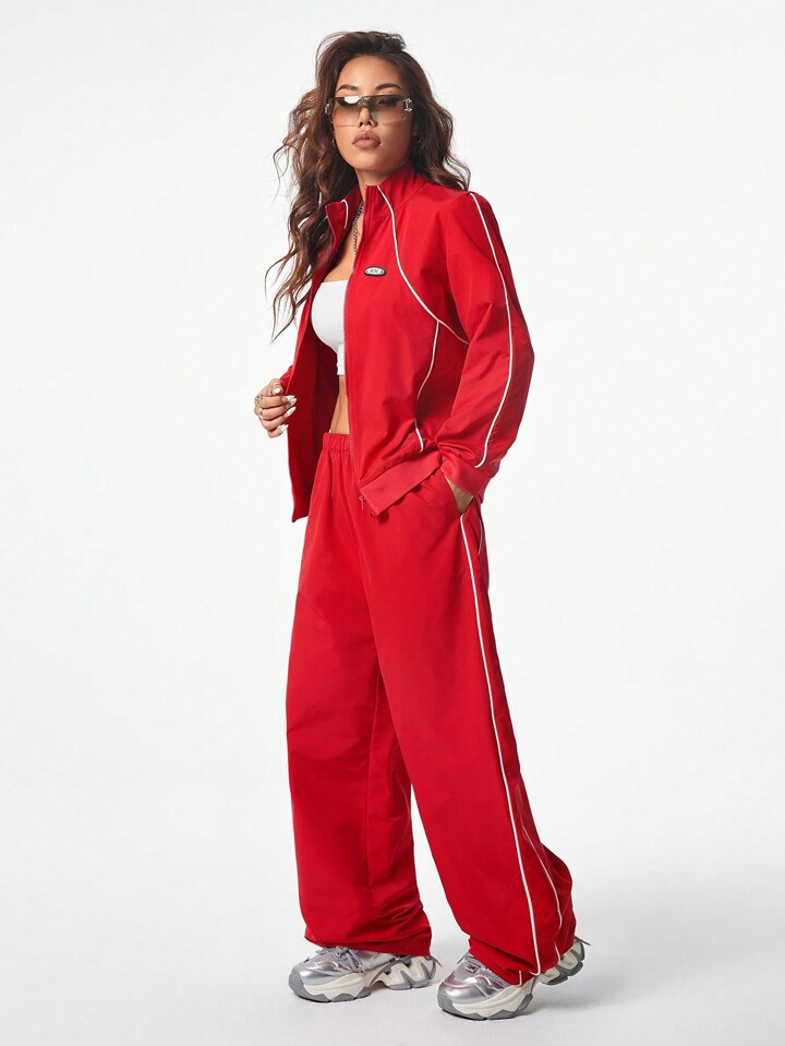 Coolane Women Sports Casual Zipper Stand Collar Jacket And Pants Windbreaker Set | SHEIN