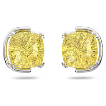 Harmonia stud earrings, Cushion cut, Yellow, Rhodium plated by SWAROVSKI | SWAROVSKI