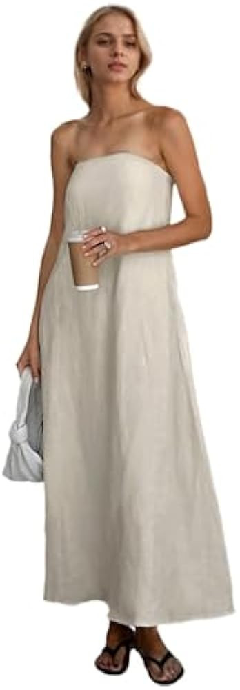 Aesthetic Summer Solid Color Strapless Linen Dress Backless Sleeveless Casual Party Beach Going O... | Amazon (US)