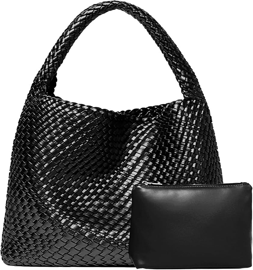 Woven Leather Tote Bag with Purse, Soft Woven Bag Leather Shoulder Women Weekender Bag Shopper Ha... | Amazon (US)