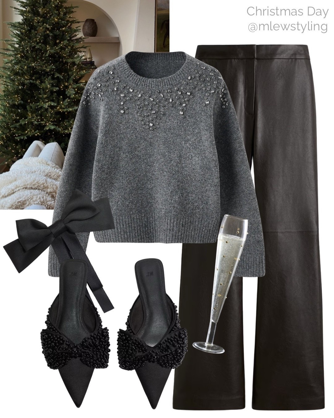 Chic and comfy Christmas Day outfit 🖤✨

Tags; black coated pants, faux leather, bow slides, champagne class, hair bow, holiday sweaters Christmas jumper 

#LTKSeasonal #LTKHoliday #LTKGiftGuide