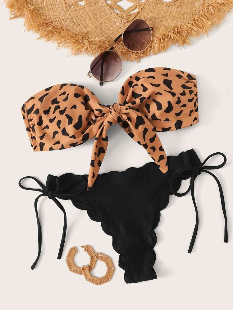 Leopard Knot Front Bandeau Bikini Set | SHEIN
