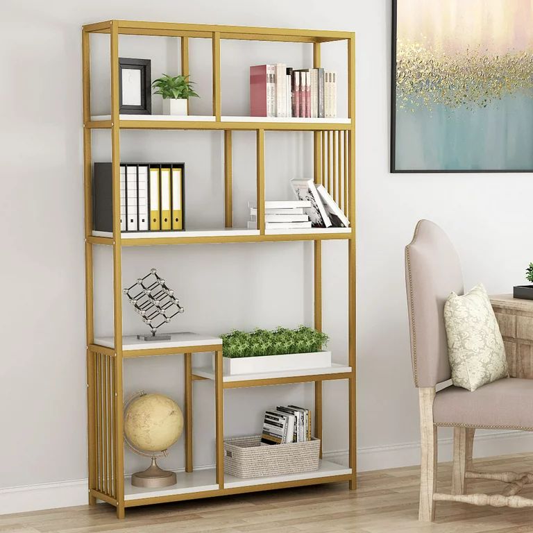 TribeSigns 7-Open Shelf Etagere Bookcase with Gold Sturdy Metal Frame, Modern Bookshelf Elegant S... | Walmart (US)
