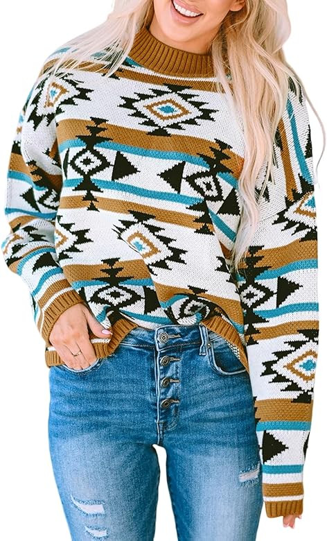 Ecosunny Sweaters for Women 2024 Long Sleeve Round Neck Aztec Striped Knit Ribbed Trim Trendy Kni... | Amazon (US)