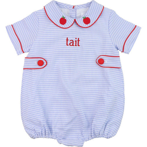 Blue Seersucker Embroidered Apple Bubble - Shipping Mid July | Cecil and Lou