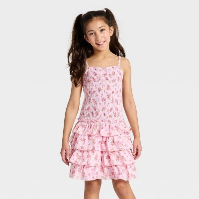 Girls' Smocked Drop Waist Floral Printed Dress - Cat & Jack™ Pink S | Target