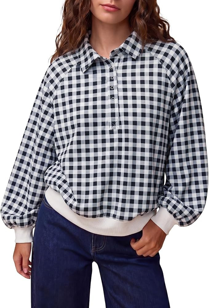 Fisoew Womens Oversized Sweatshirts Casual Long Sleeve Gingham Quarter Snap Stand Collar Loose Pu... | Amazon (US)