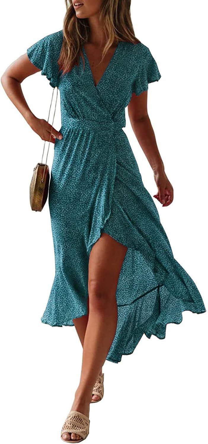 ZESICA Women's Bohemian Floral Printed Wrap V Neck Short Sleeve Split Beach Party Maxi Dress | Amazon (US)