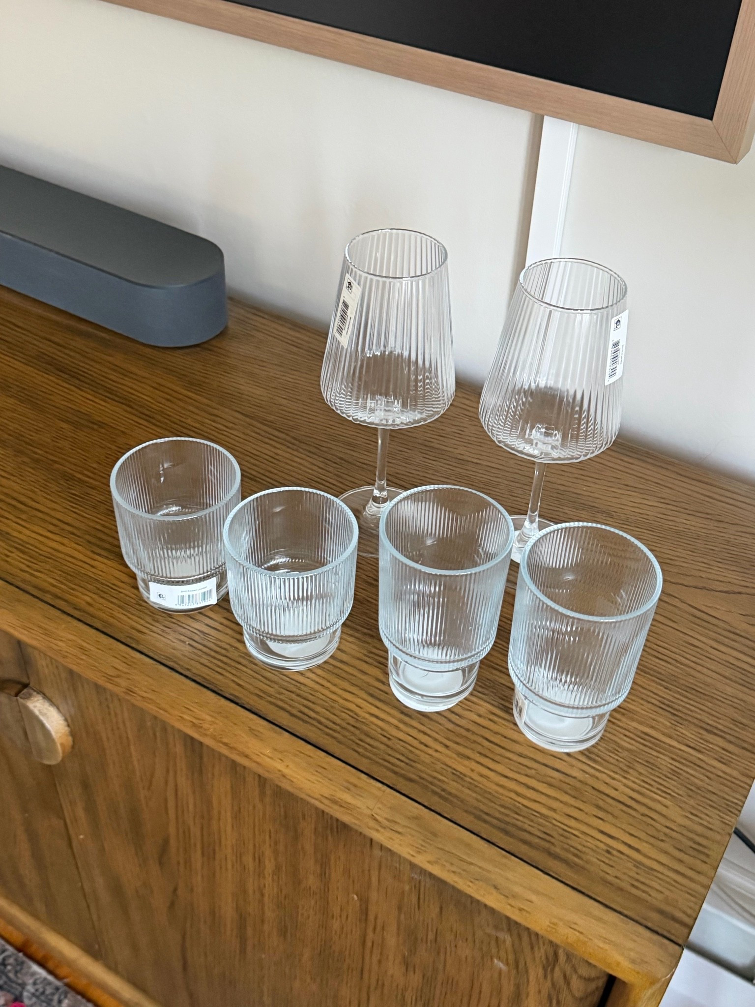 Love these clear ribbed glasses and wine glasses.