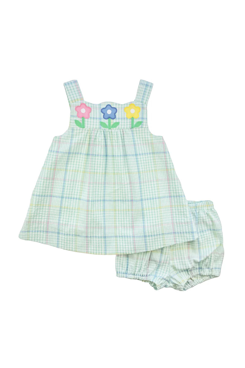 Pastel Plaid Seersucker Dress & Bloomer with Flowers | Florence Eiseman