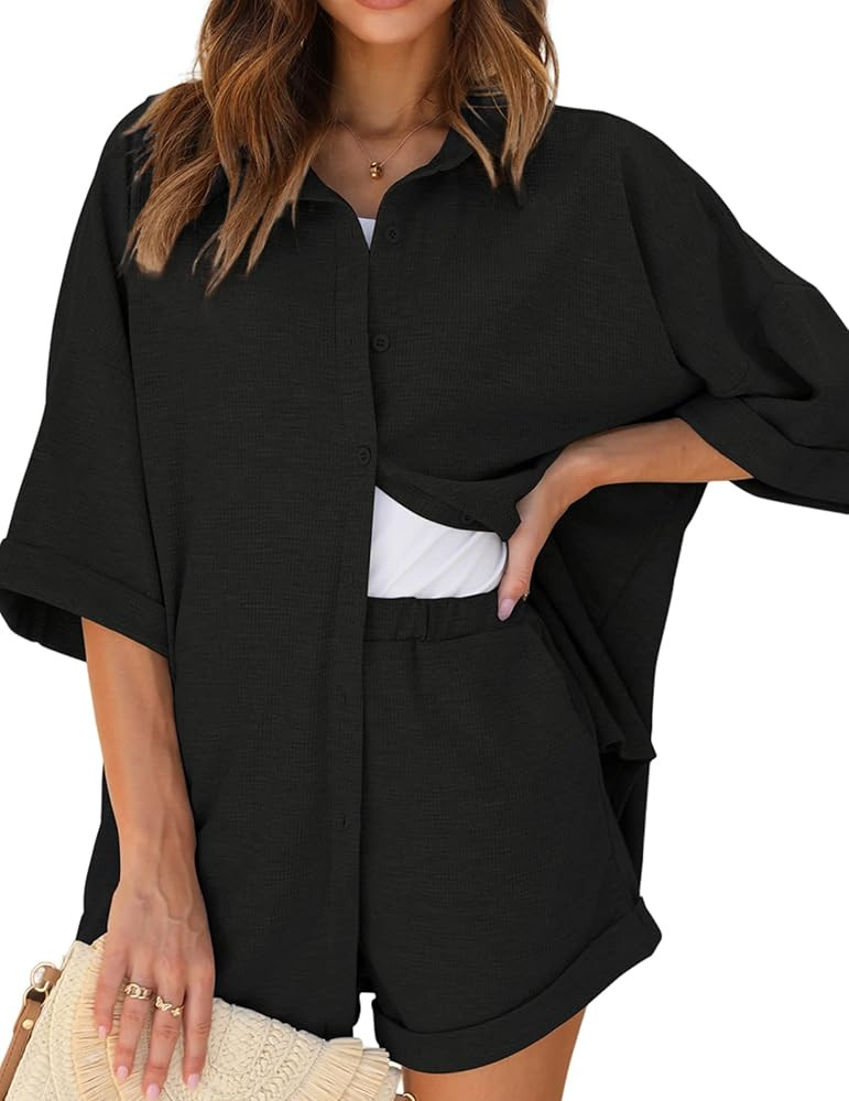 Ekouaer Waffle Knit Lounge Sets for Women Short Sleeve Pajamas Button Down Pjs Oversized Loungewe... | Amazon (US)