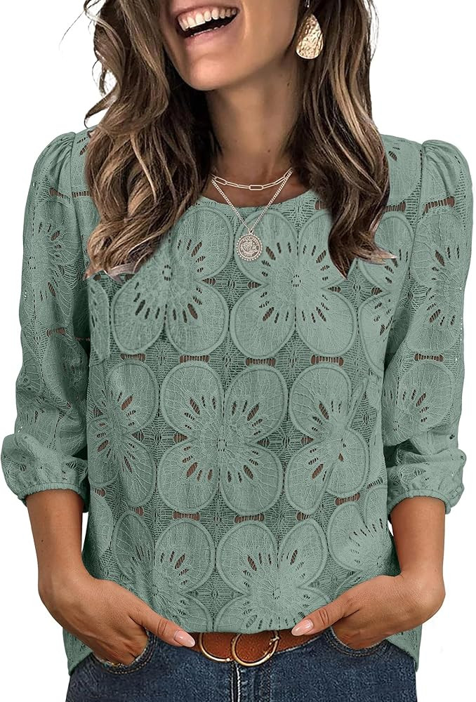 Sampeel Women Blouses Dressy Casual 3/4 Length Sleeve Tops Eyelet Lace Spring Summer Shirts Beach... | Amazon (US)