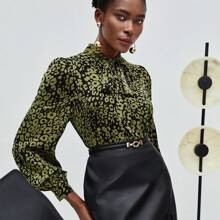 Allover Print Tie Neck Lantern Sleeve Blouse | SHEIN