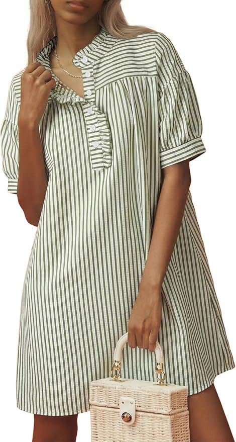 BLENCOT Womens Button Down Shirt Dresses Casual Striped Cotton Stand Collar Ruffle Puff Sleeve Su... | Amazon (US)