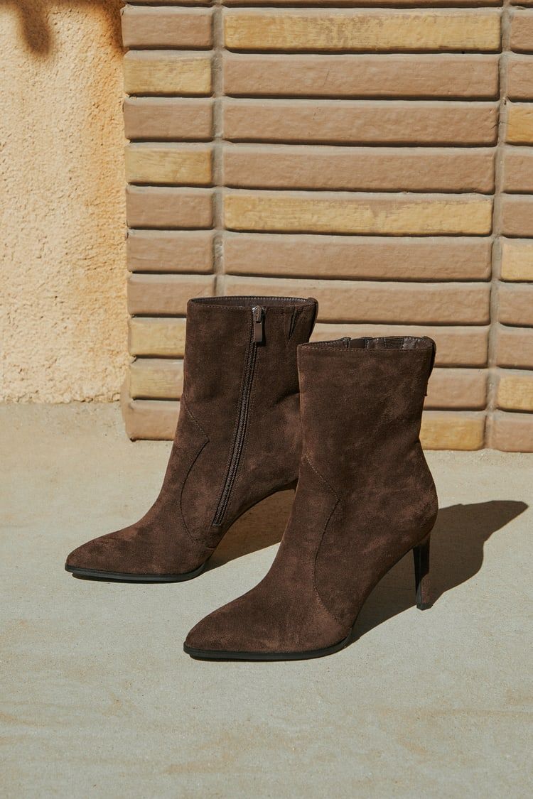 Evander Chocolate Brown Suede Pointed-Toe Mid-Calf Boots | Lulus (US)