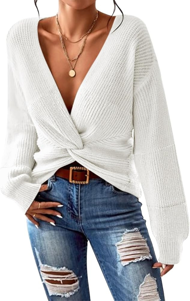 Pink Queen Women's 2024 Casual Pullover Sweaters Sexy V Neck Long Sleeve Twsit Knot Cropped Knit ... | Amazon (US)