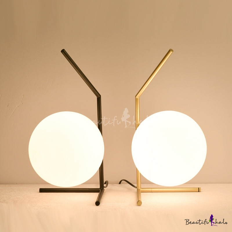 Single Light Globe Desk Lamp Post Modern White Glass Standing Table Lamp in Black/Gold | Beautifulhalo.com