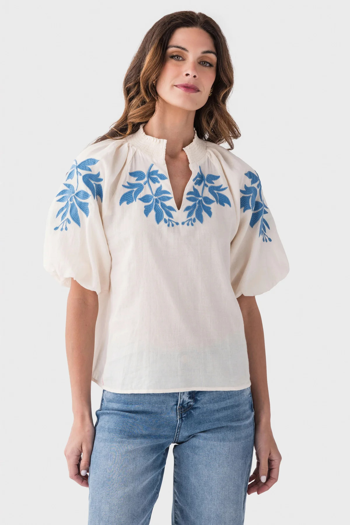 THML Yana Puff Sleeve Embroidered Top | Social Threads