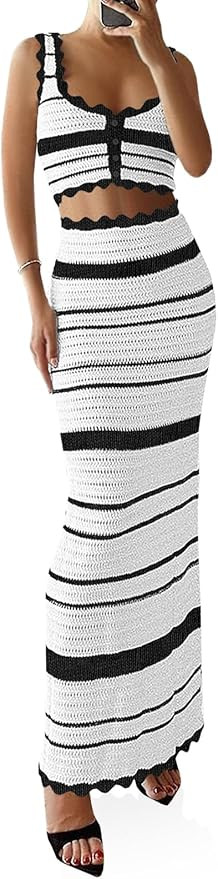 Saodimallsu Womens 2 Piece Sets Summer Striped Crochet Knit Coverup Sleeveless Button Crop Tank T... | Amazon (US)