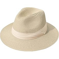 Lanzom Women Wide Brim Straw Panama Roll up Hat Fedora Beach Sun Hat UPF50+ | Amazon (US)