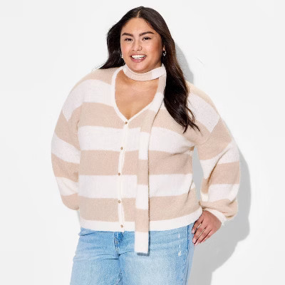 Women's Long Sleeve V-Neck Cardigan - Wild Fable™ Beige Striped XXL | Target