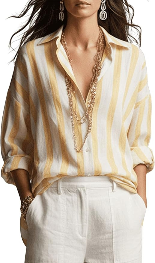 Watashi Women Striped Button Down Henley Shirt Oversized Long Sleeve Collared Blouse Work Office ... | Amazon (US)