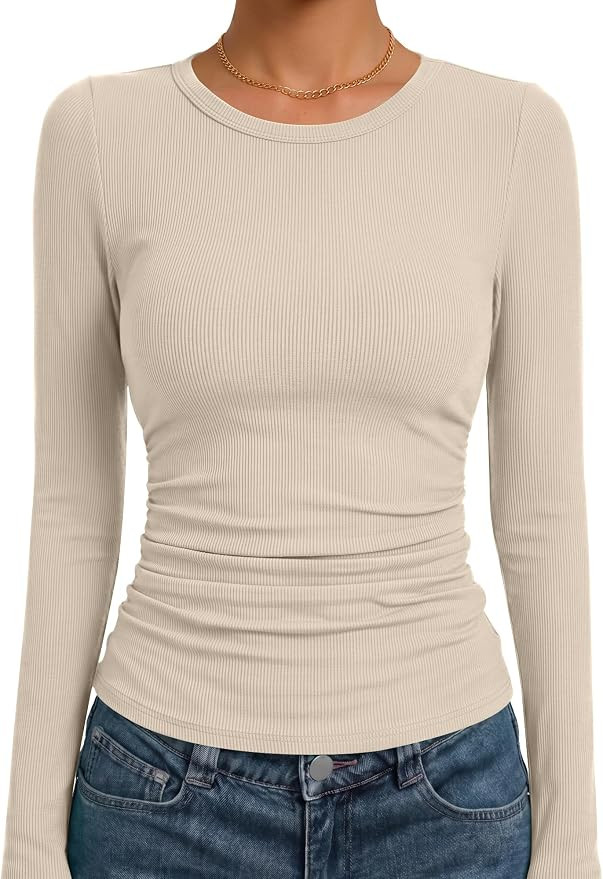 ANRABESS Women's Long Sleeve Ruched Tops | Crew Neck Slim Fitted Basic Tee Shirt, Soft Ribbed Str... | Amazon (US)