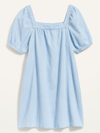 Puff-Sleeve Light-Wash Jean Mini Swing Dress for Women | Old Navy (US)