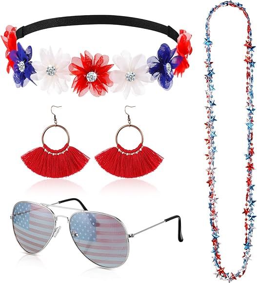 4th of July Flower Stretch Crystal Headband Floral Hawaiian Hippie Headband with Independence Day... | Amazon (US)