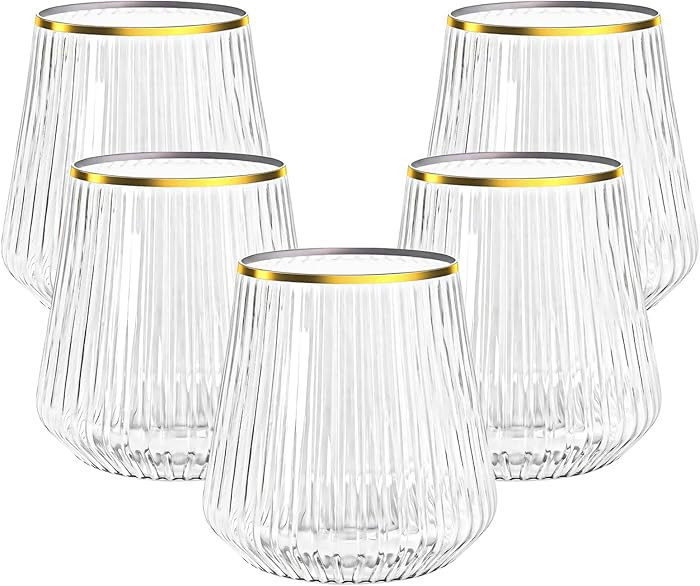 N9R 24 Count 12oz Clear Plastic Wine Cups with Gold Rim - Elegant Origami Ripple Design, Shatterp... | Amazon (US)